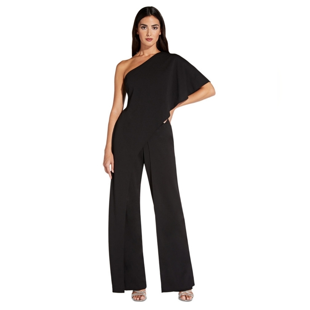 🔥Adrianna Papell Elegant Black One-Shoulder Jumpsuit
